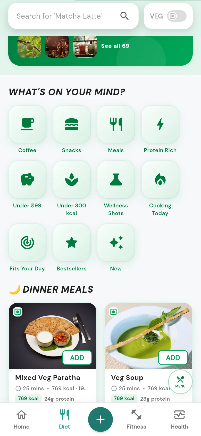 The FrisCafe menu: category tiles for coffee, snacks, protein-rich and under-300-kcal, above a dinner grid showing Mixed Veg Paratha and Veg Soup with calories and protein.
