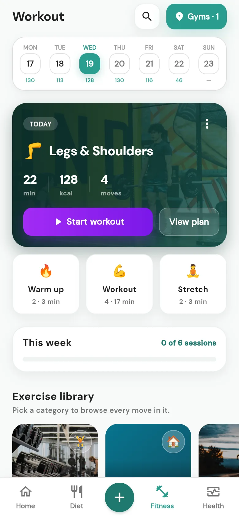The FrisKit workout tab showing today's Legs and Shoulders session: 22 minutes, 128 kcal, 4 moves.