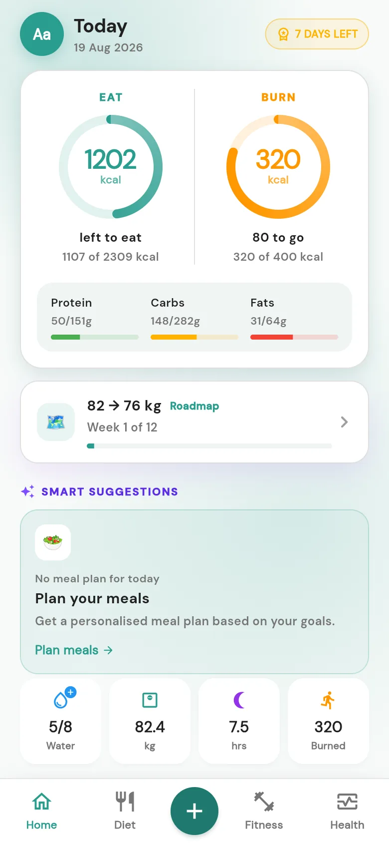 The FrisKit home screen: an eat-and-burn calorie ring showing 1202 kcal left to eat, protein, carb and fat bars, and a roadmap card tracking 82 to 76 kg.