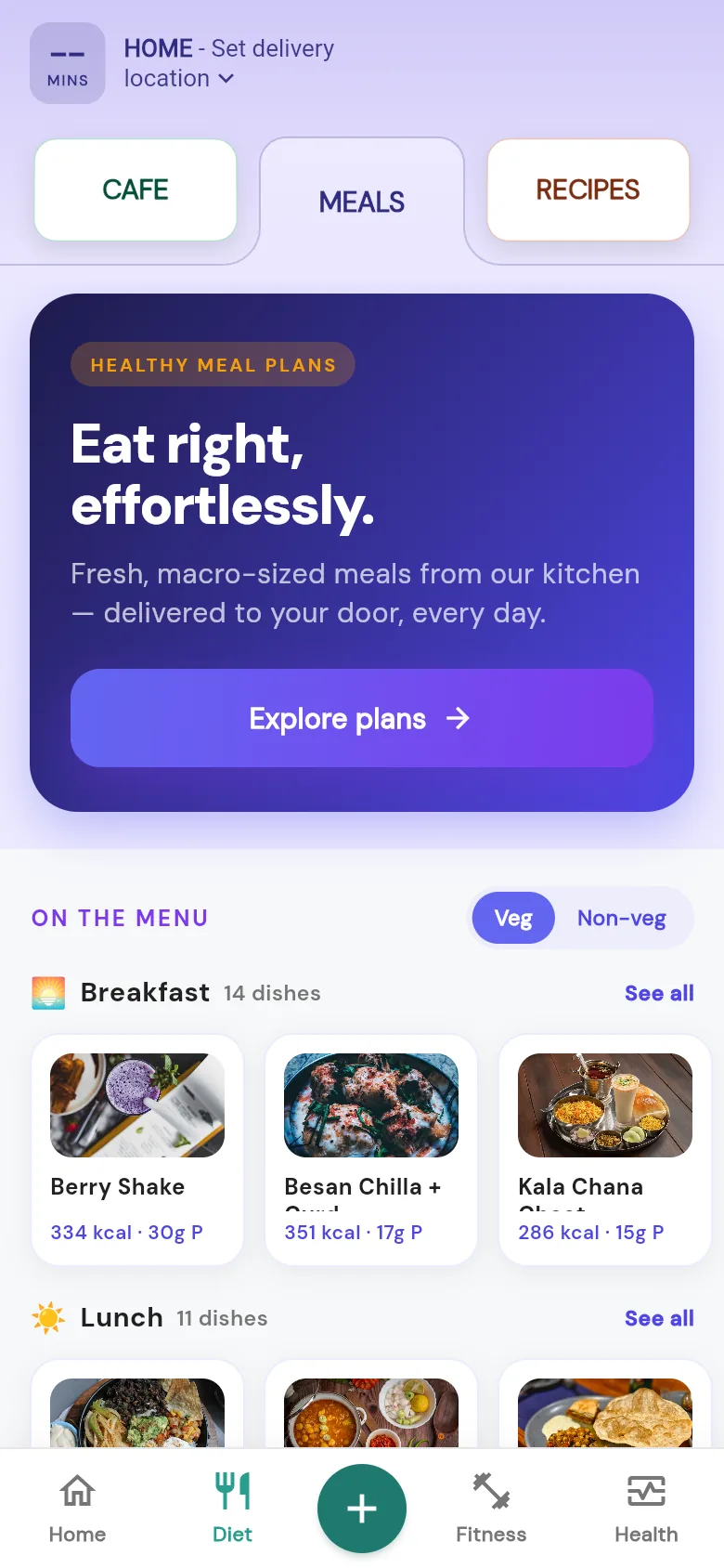 The FrisKit meals tab: an 'Eat right, effortlessly' hero above the day's menu, with breakfast dishes like Berry Shake at 334 kcal and 30 g protein.