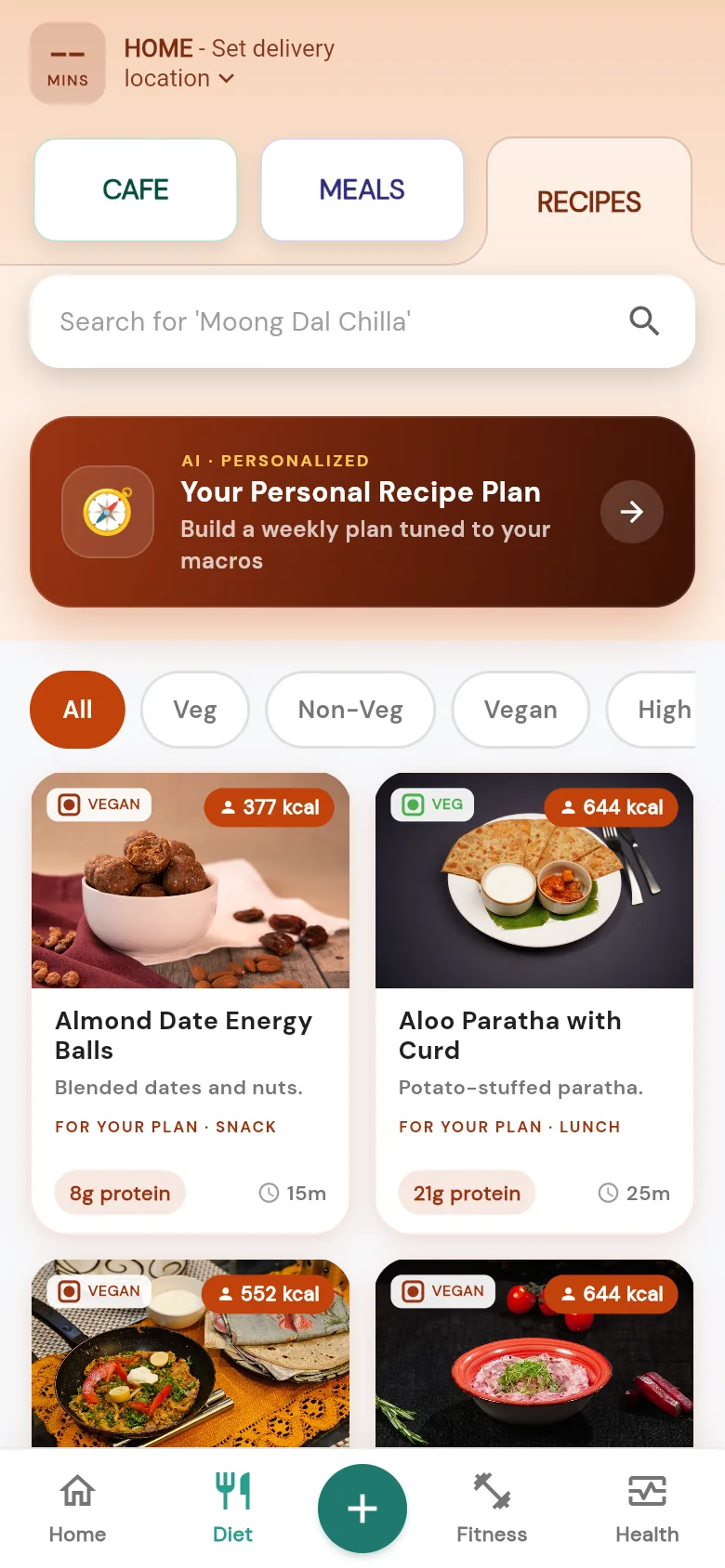 The FrisKit recipes tab: a personalised recipe plan banner above cards for Almond Date Energy Balls at 377 kcal and Aloo Paratha with Curd at 644 kcal, each tagged for a meal slot.